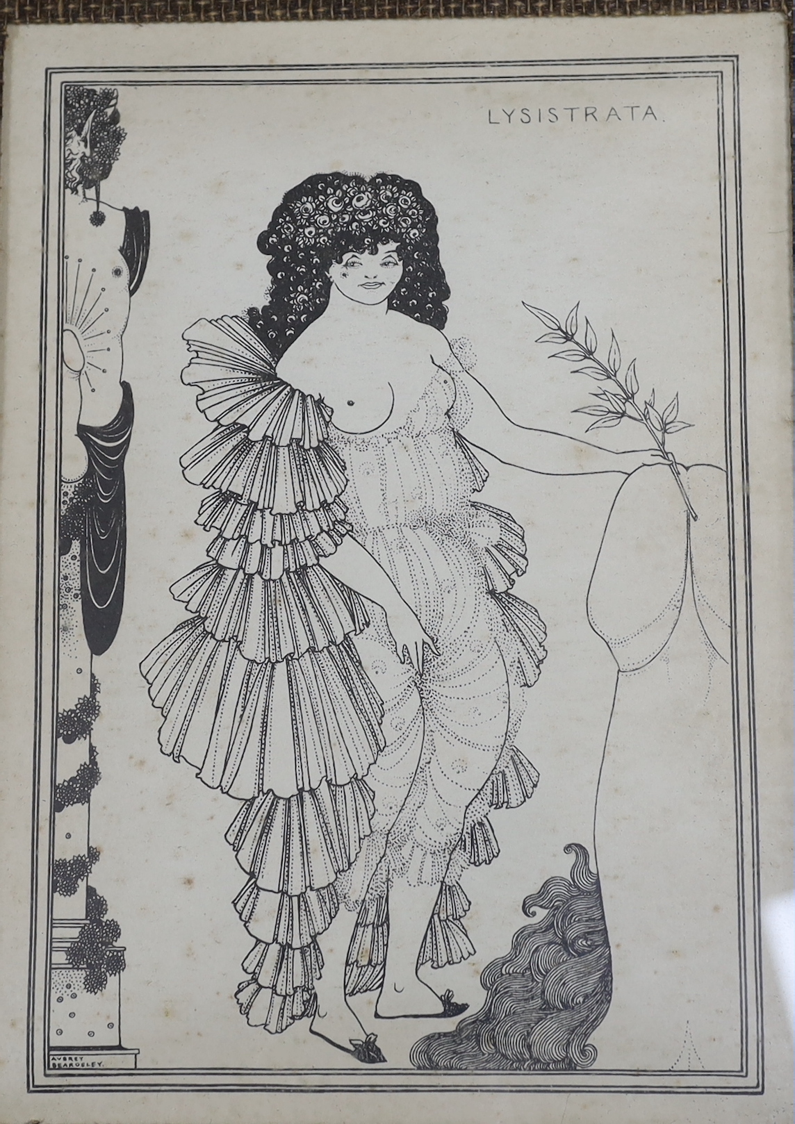 After Aubrey Beardsley, six monochrome prints, Illustrations from Lysistrata, visible sheet 27 x 20cm